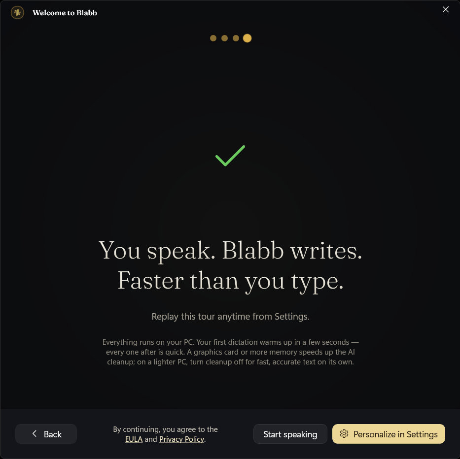 Onboarding completion screen: 'Faster than you type.'