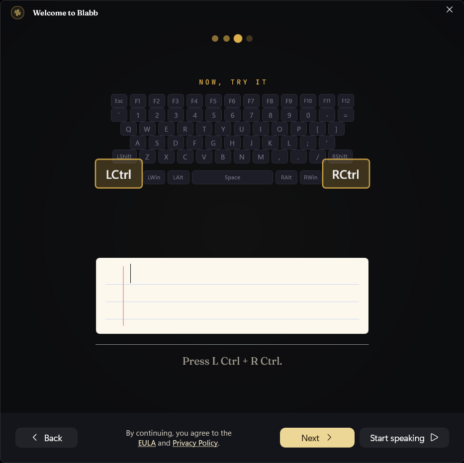 Onboarding step showing the L Ctrl + R Ctrl shortcut to try dictation
