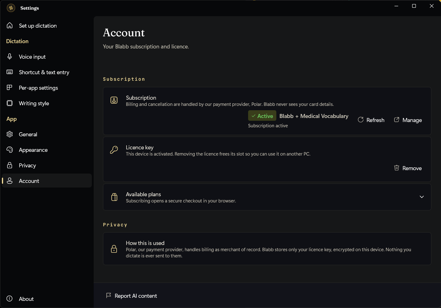 Blabb's Account screen showing subscription status, licence key entry, and plan options