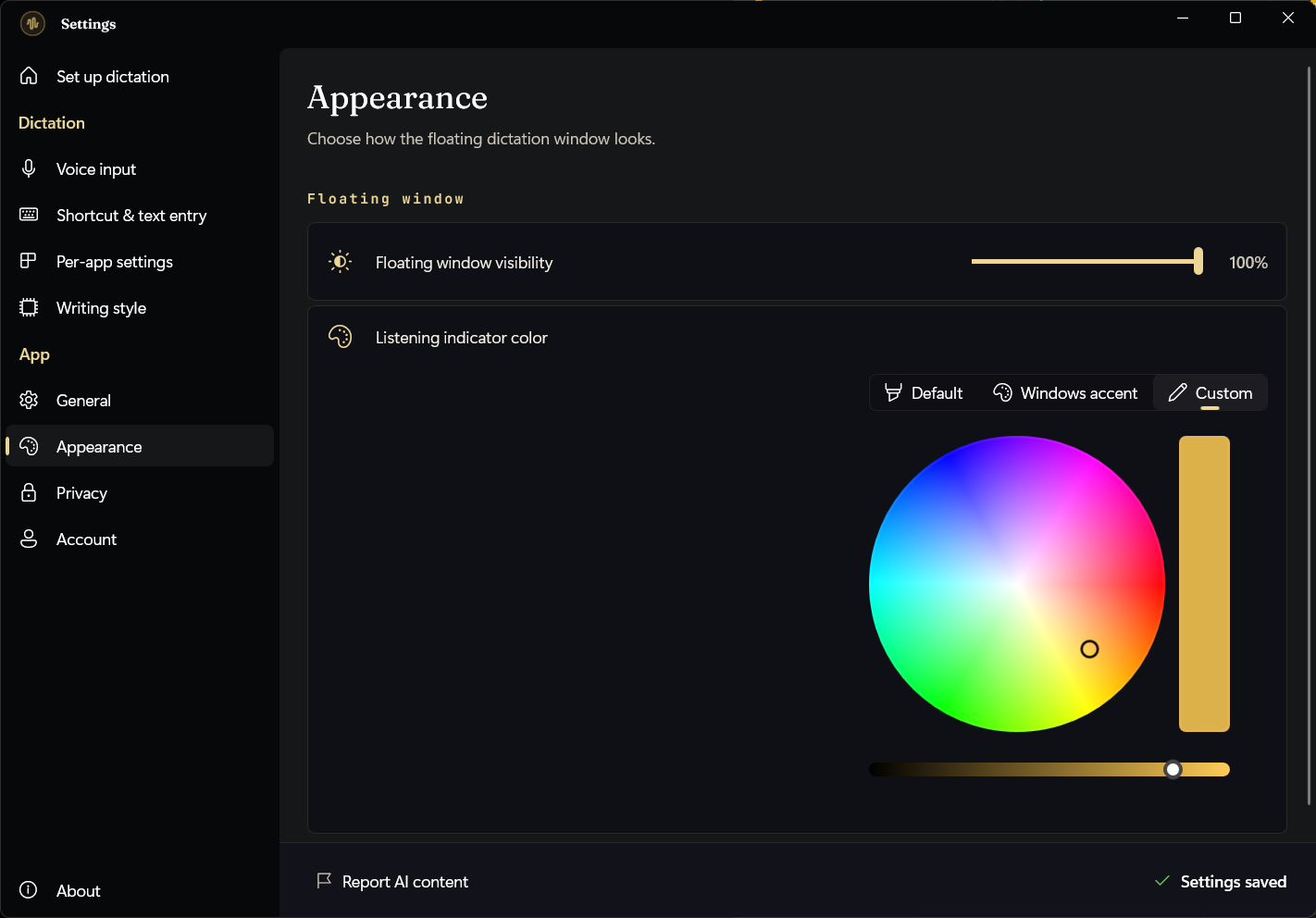 Blabb's Appearance settings for the floating window's visibility and listening-indicator colour