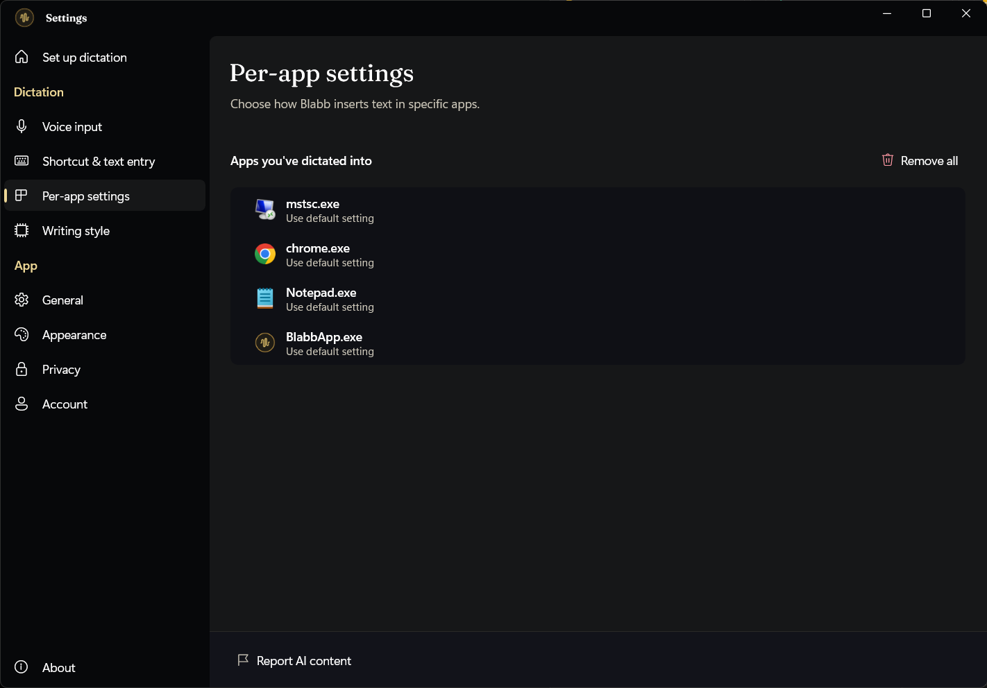 Blabb's per-app settings listing the apps you've dictated into, each with its own text-entry choice
