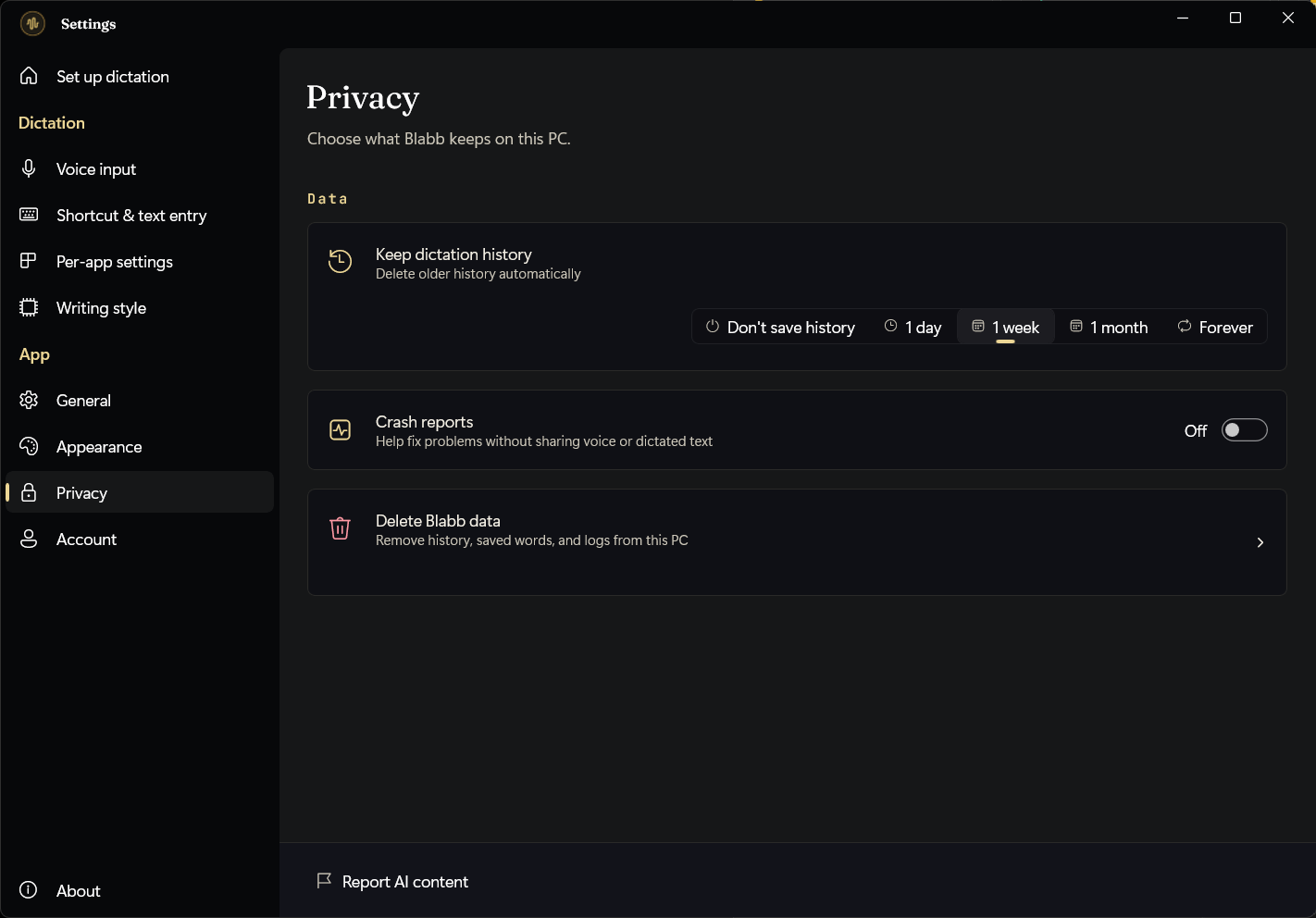 Blabb's Privacy settings letting you choose don't save history, 1 day, 1 week, 1 month, or forever, with a delete-all option