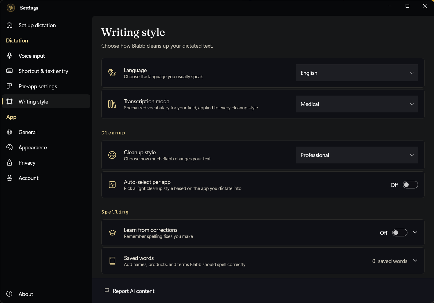 Blabb's Writing style pane with the cleanup style selector, transcription mode, and saved words