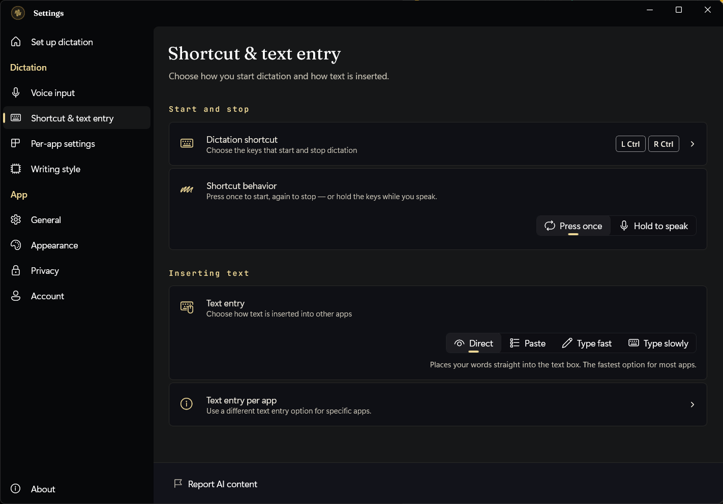 Blabb's shortcut and text-entry settings with Direct, Fast, Paste, and Typing modes