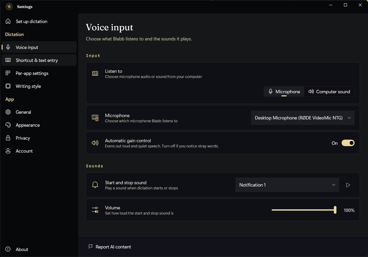 Blabb's Voice input settings: microphone selection, automatic gain control, and start/stop sounds